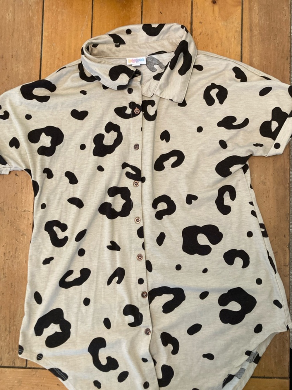 LuLaRoe Button-Down Shirt in Cream with Black Spot Print
